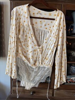 Free People White Sunflower Print Top